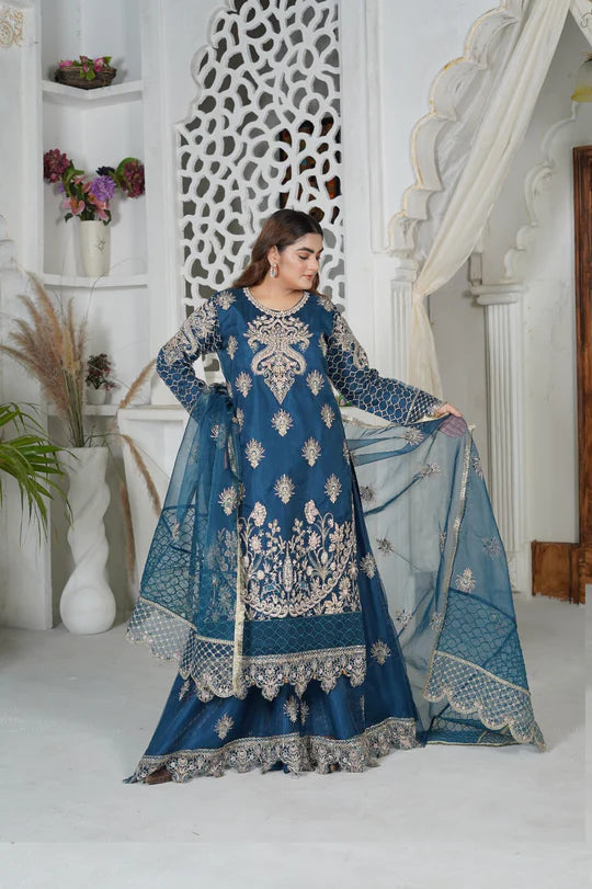 CLAIRE Luxe Sundar Stitch D.Blue Sharara luxury clothing set