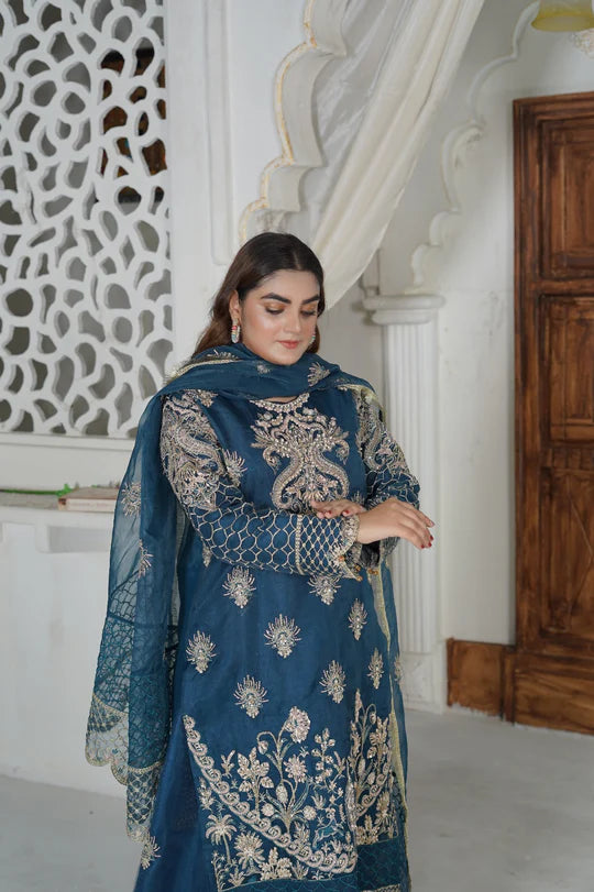 CLAIRE Luxe Sundar Stitch D.Blue Sharara luxury clothing set