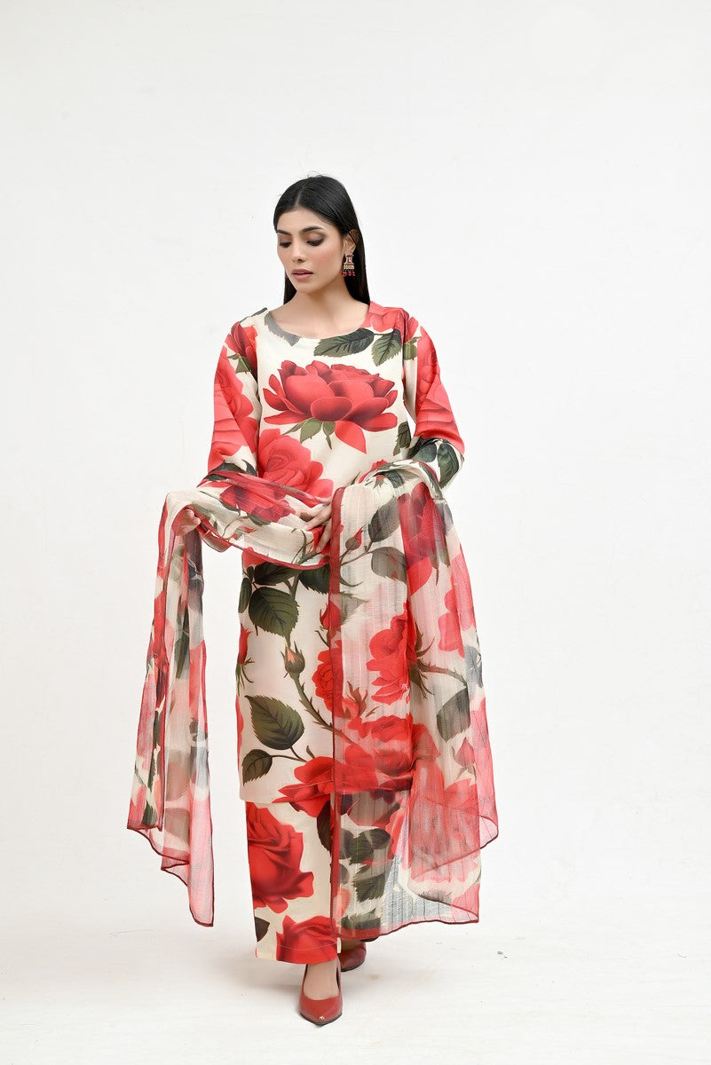 Complete Rose Pattern Suit with Chiffon - Imran Aftab
