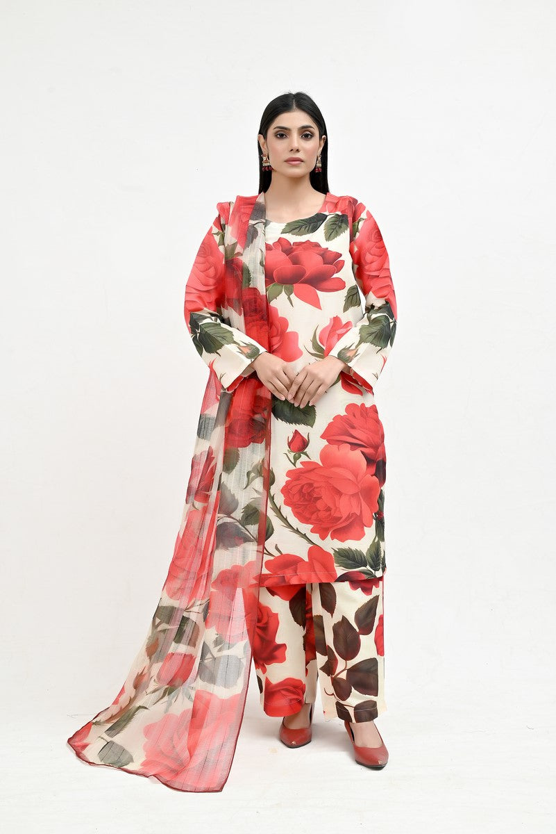 Complete Rose Pattern Suit with Chiffon - Imran Aftab