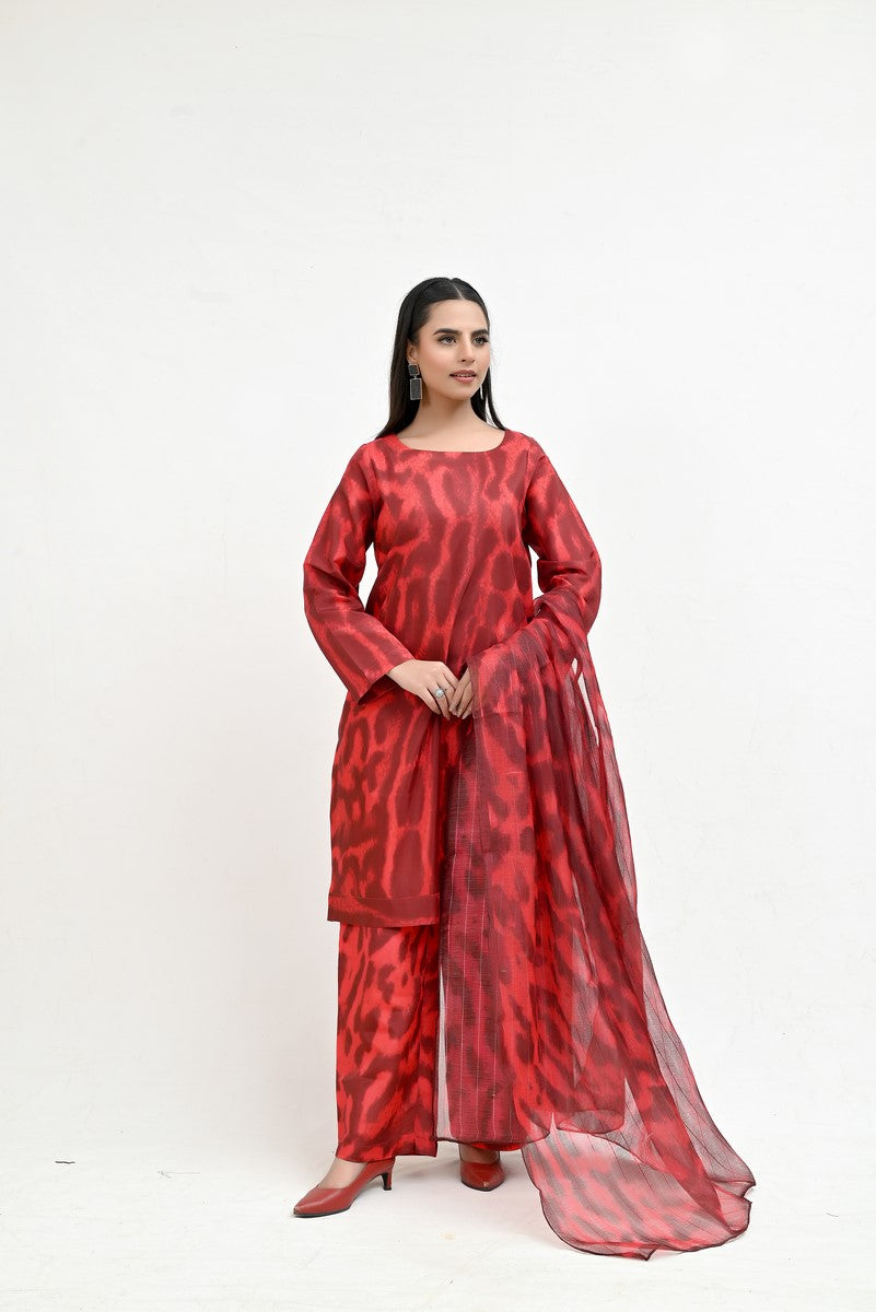 Red Cheetah Print Raw Silk Suits - Imran Aftab