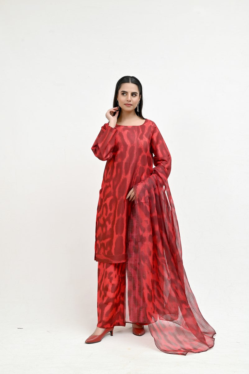Red Cheetah Print Raw Silk Suits - Imran Aftab