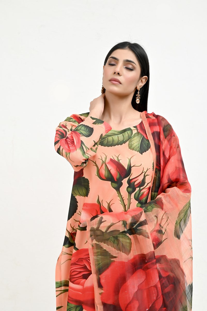 Rose & Leaves Elegant Raw Silk - Imran Aftab