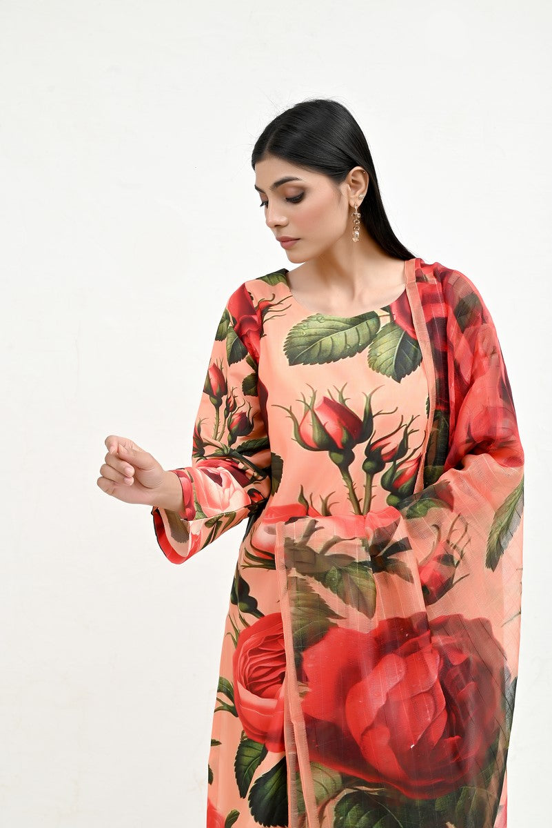Rose & Leaves Elegant Raw Silk - Imran Aftab