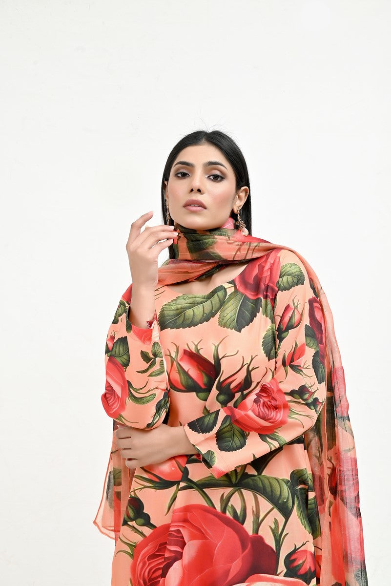 Rose & Leaves Elegant Raw Silk - Imran Aftab