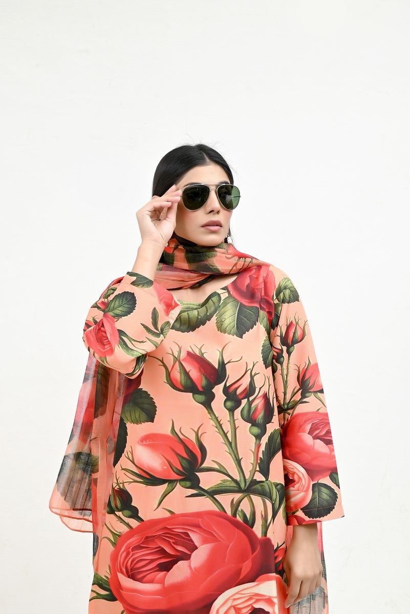 Rose & Leaves Elegant Raw Silk - Imran Aftab