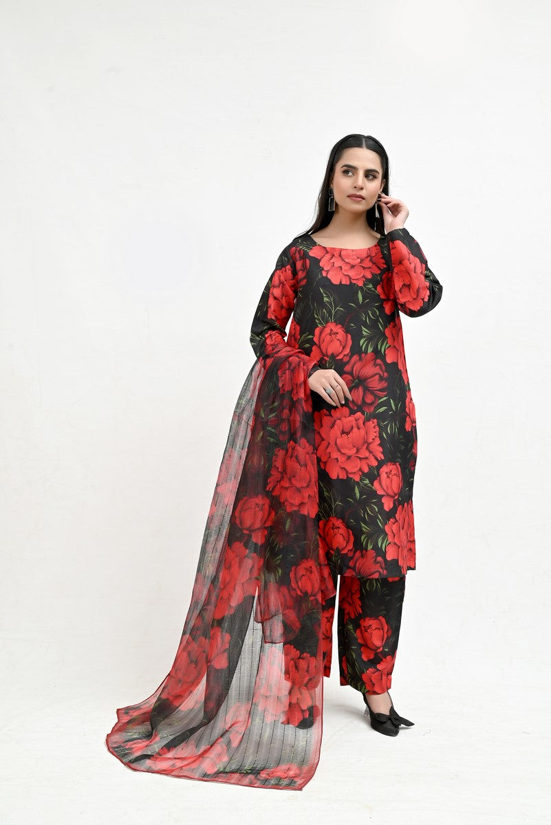 Rose Pattern on Black Raw Silk - Imran Aftab