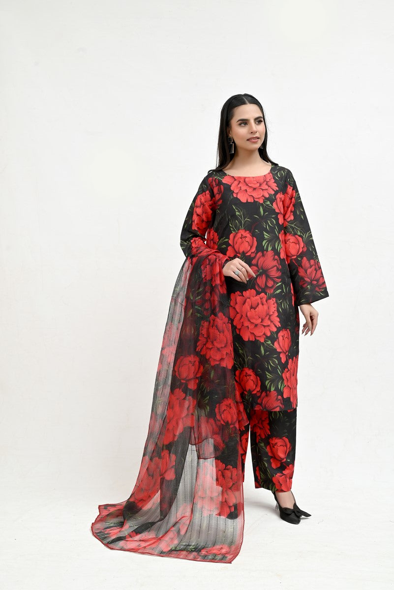 Rose Pattern on Black Raw Silk - Imran Aftab