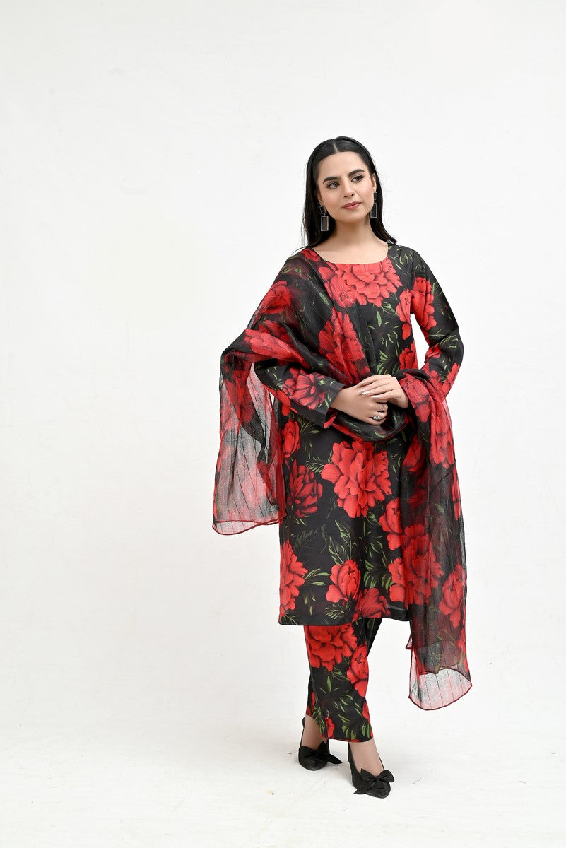 Rose Pattern on Black Raw Silk - Imran Aftab