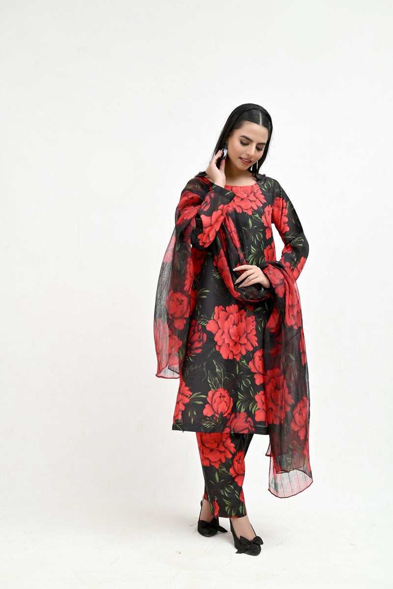 Rose Pattern on Black Raw Silk - Imran Aftab