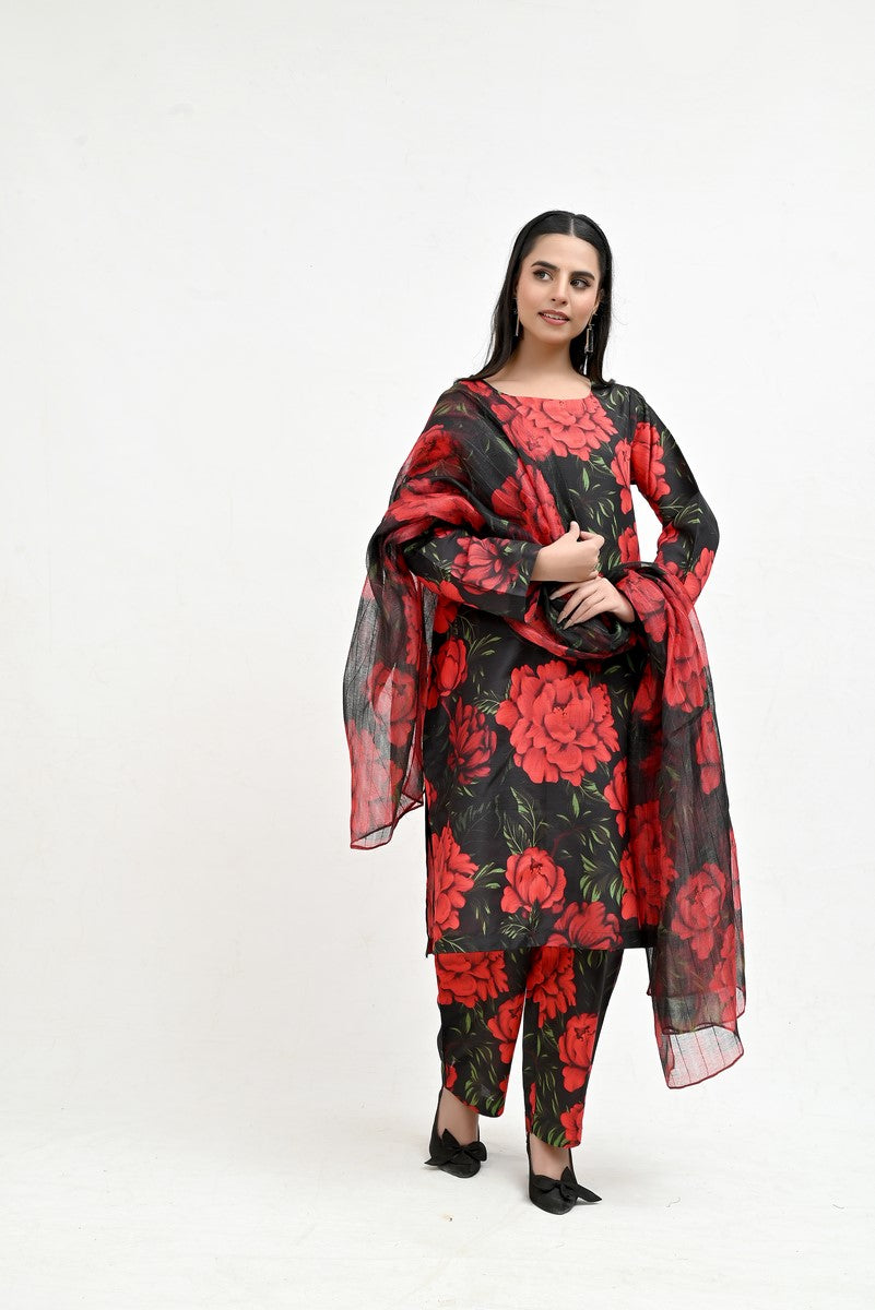 Rose Pattern on Black Raw Silk - Imran Aftab