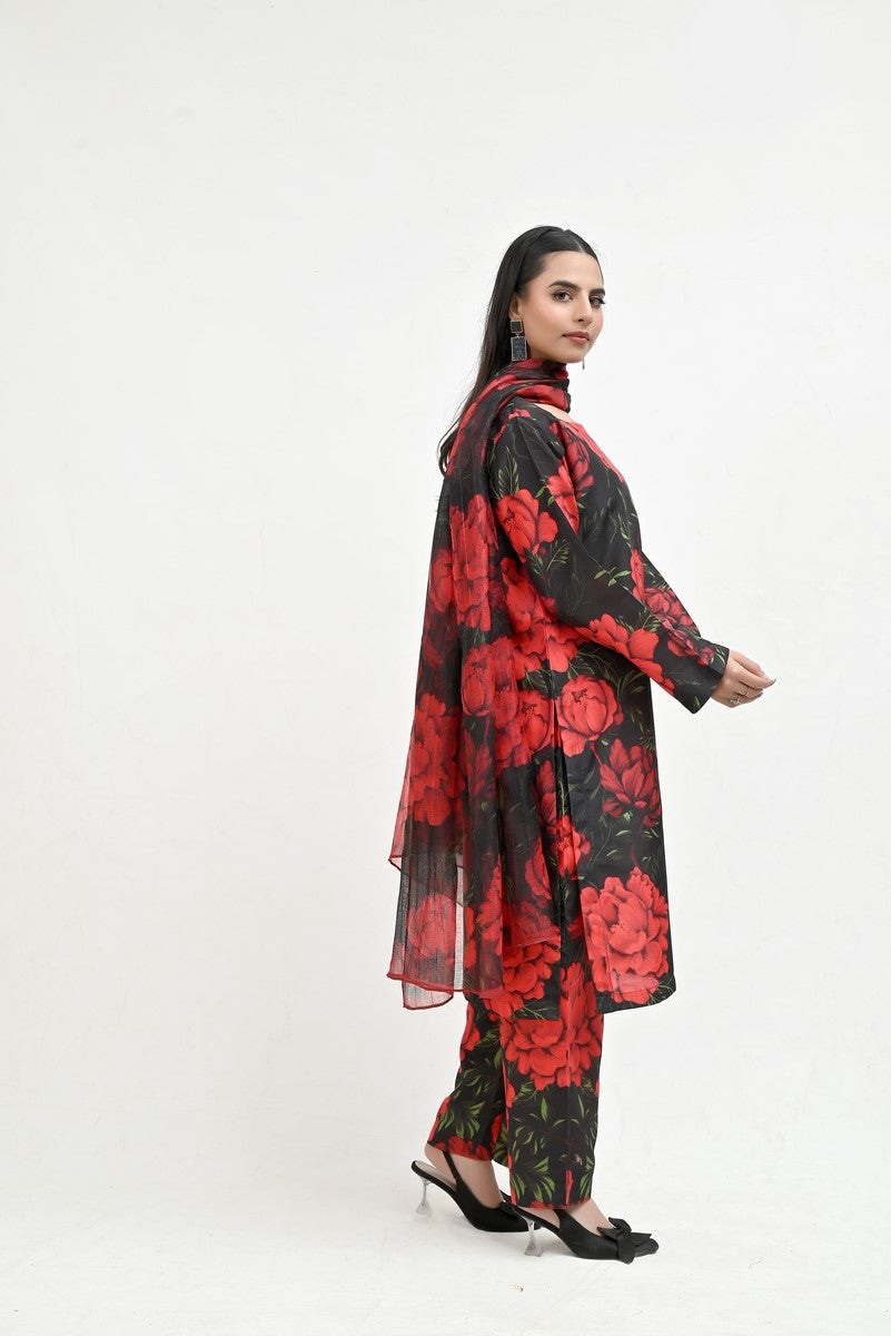 Rose Pattern on Black Raw Silk - Imran Aftab