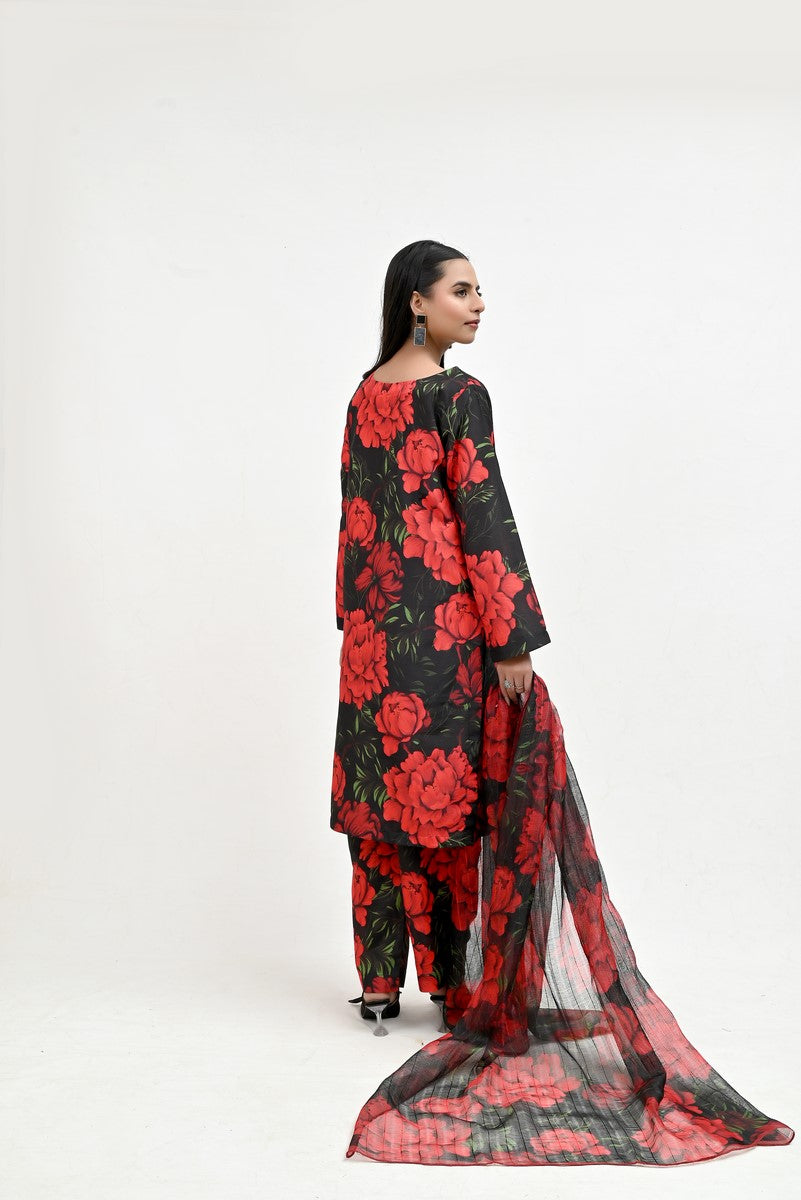 Rose Pattern on Black Raw Silk - Imran Aftab