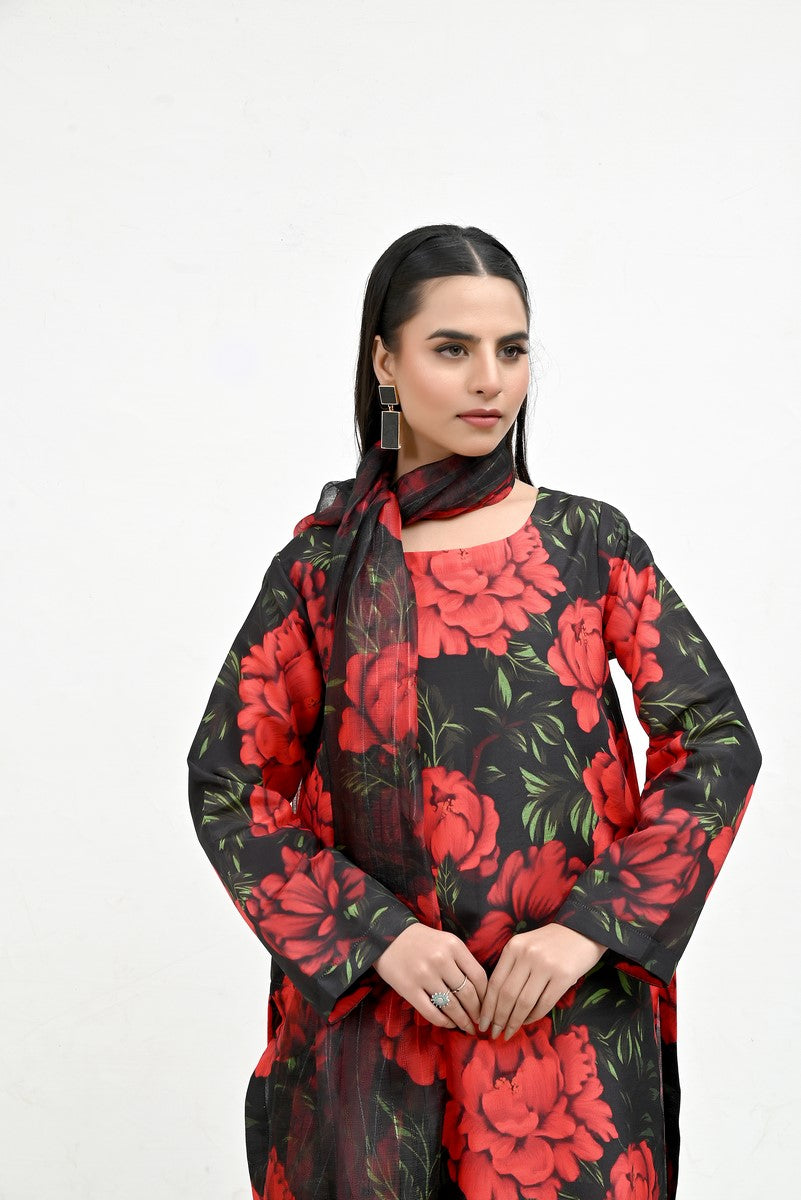 Rose Pattern on Black Raw Silk - Imran Aftab