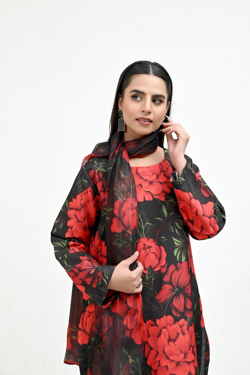 Rose Pattern on Black Raw Silk - Imran Aftab