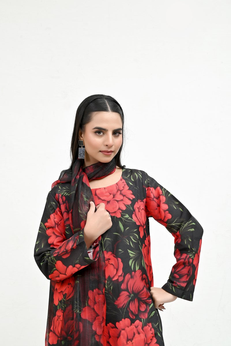 Rose Pattern on Black Raw Silk - Imran Aftab