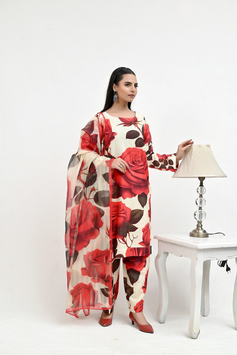 Red Floral Pattern Raw Silk - Imran Aftab