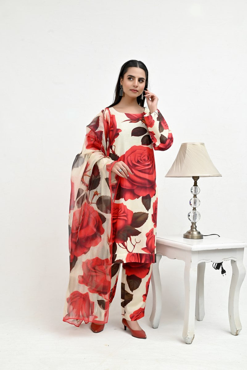 Red Floral Pattern Raw Silk - Imran Aftab
