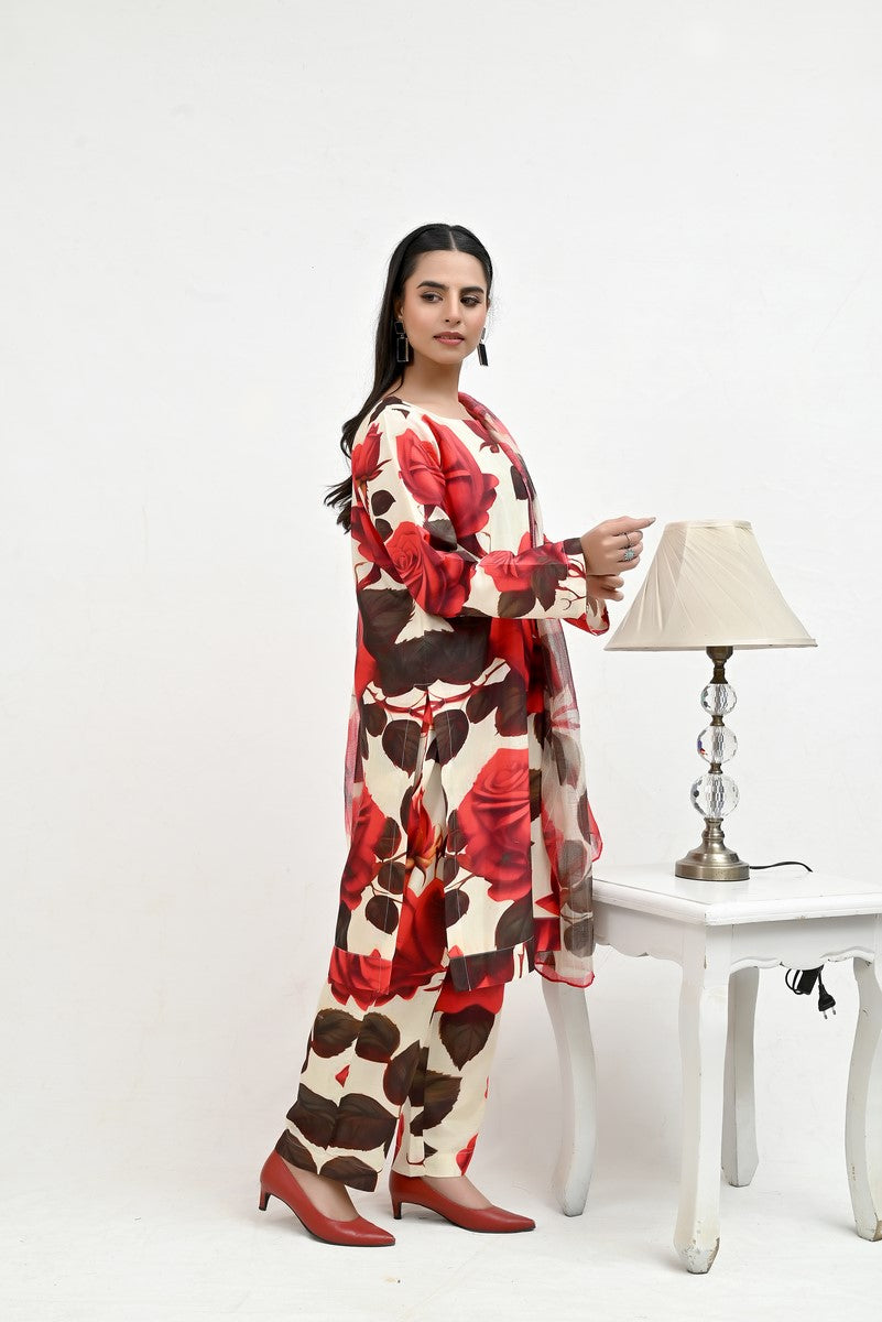 Red Floral Pattern Raw Silk - Imran Aftab