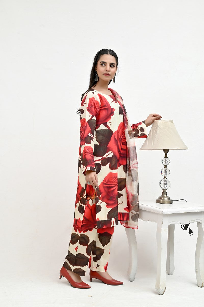 Red Floral Pattern Raw Silk - Imran Aftab