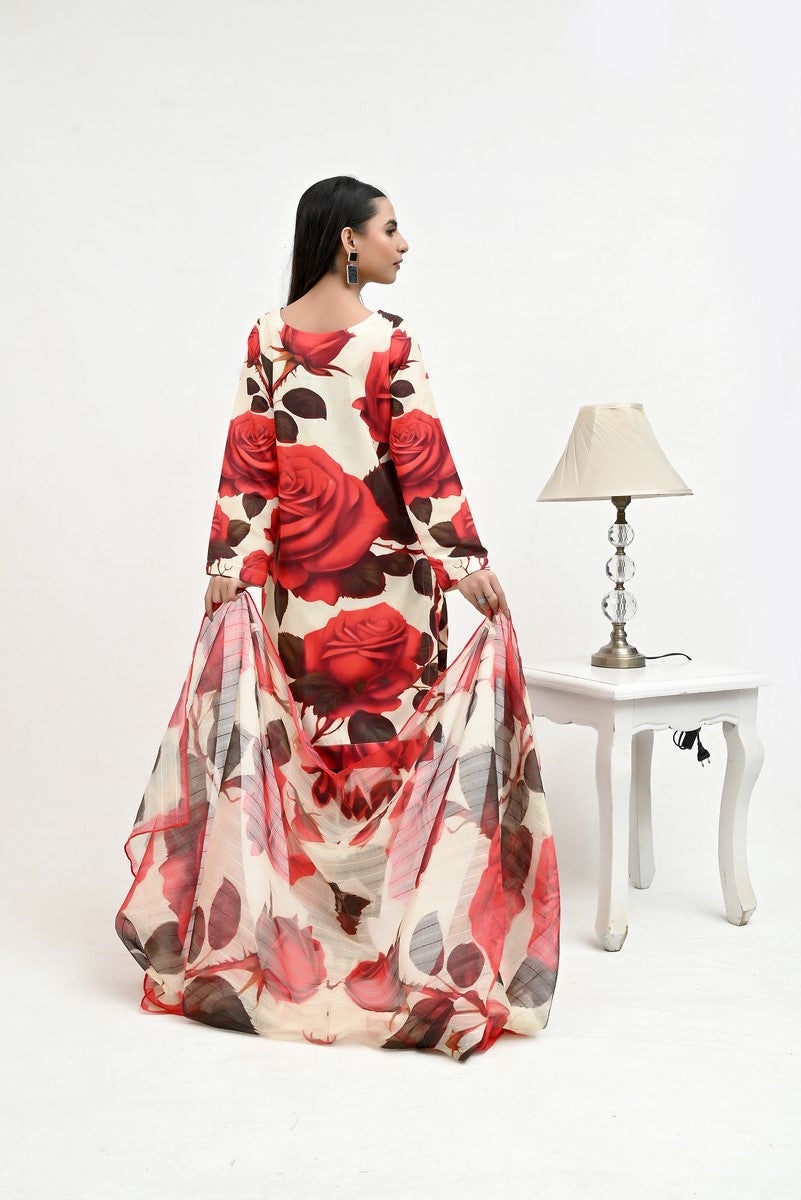 Red Floral Pattern Raw Silk - Imran Aftab