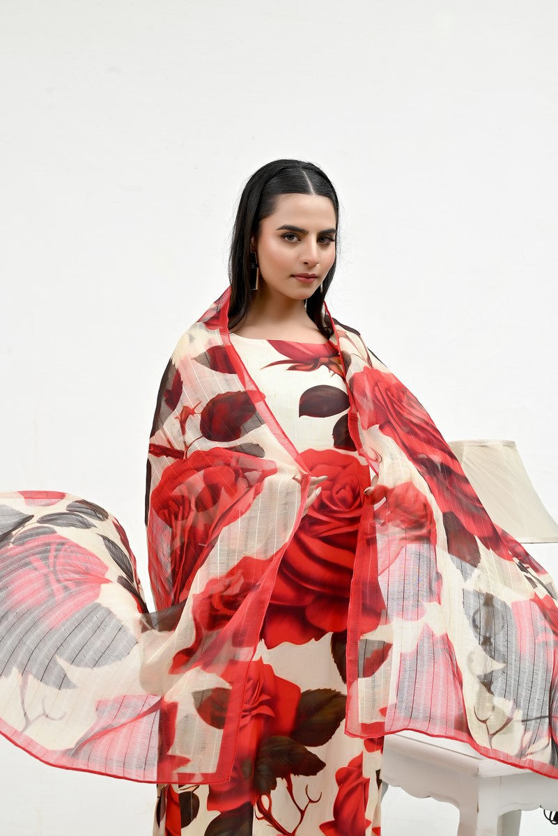 Red Floral Pattern Raw Silk - Imran Aftab