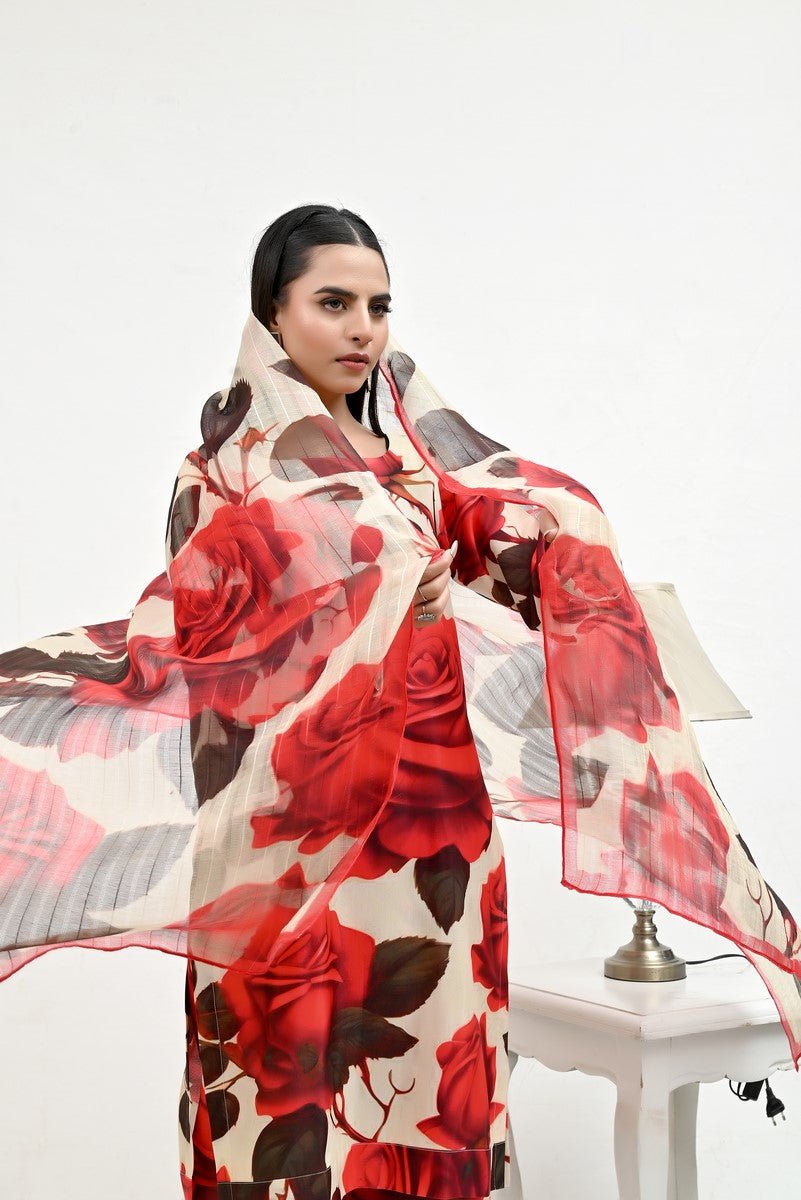 Red Floral Pattern Raw Silk - Imran Aftab