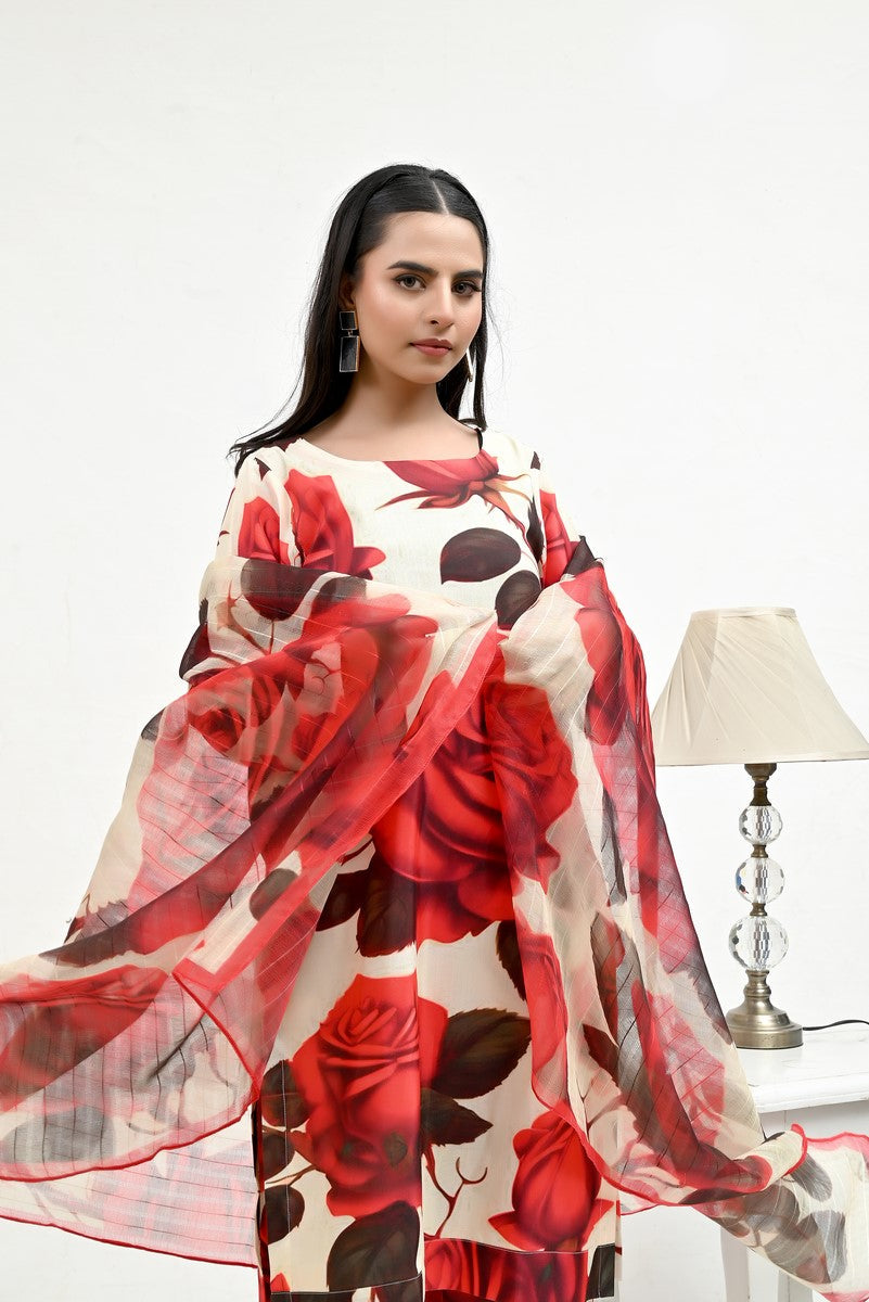 Red Floral Pattern Raw Silk - Imran Aftab