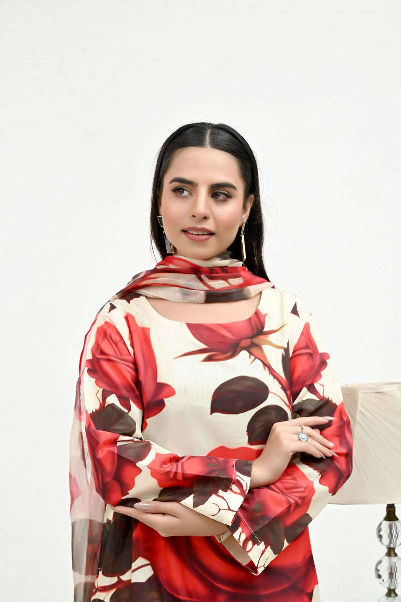 Red Floral Pattern Raw Silk - Imran Aftab