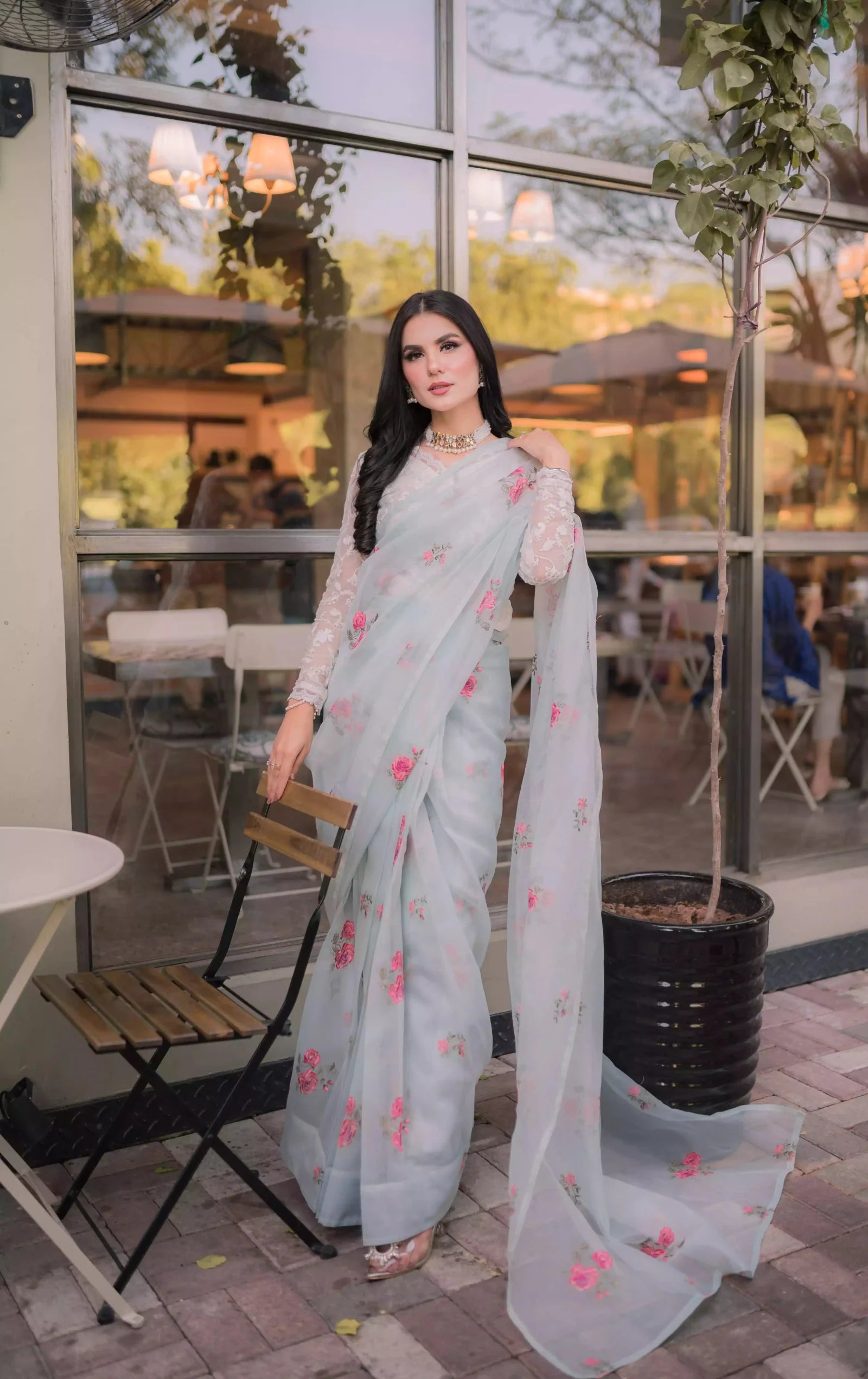 Ice Blue Floral Cotton net Saree - Eleganza