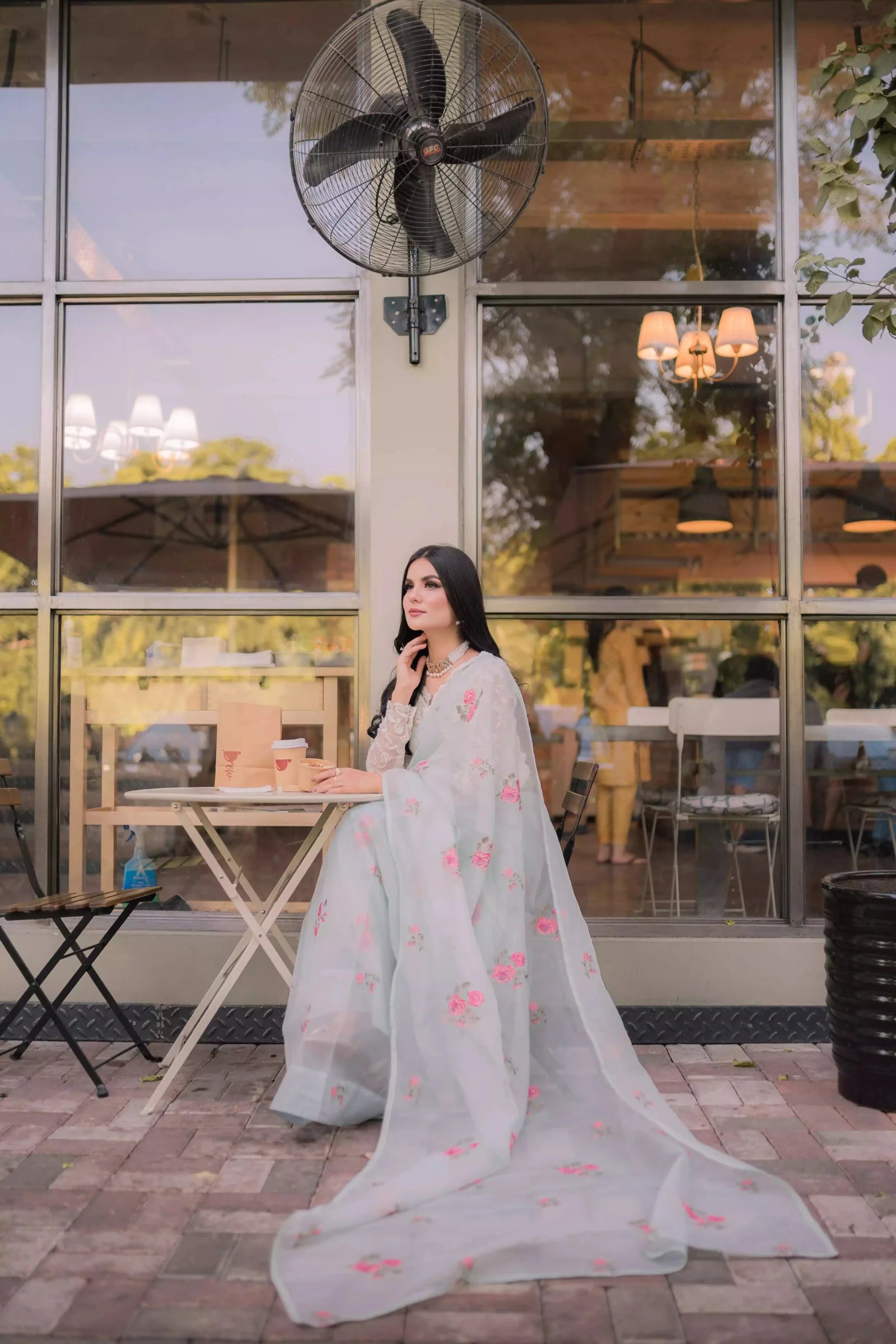 Ice Blue Floral Cotton net Saree - Eleganza