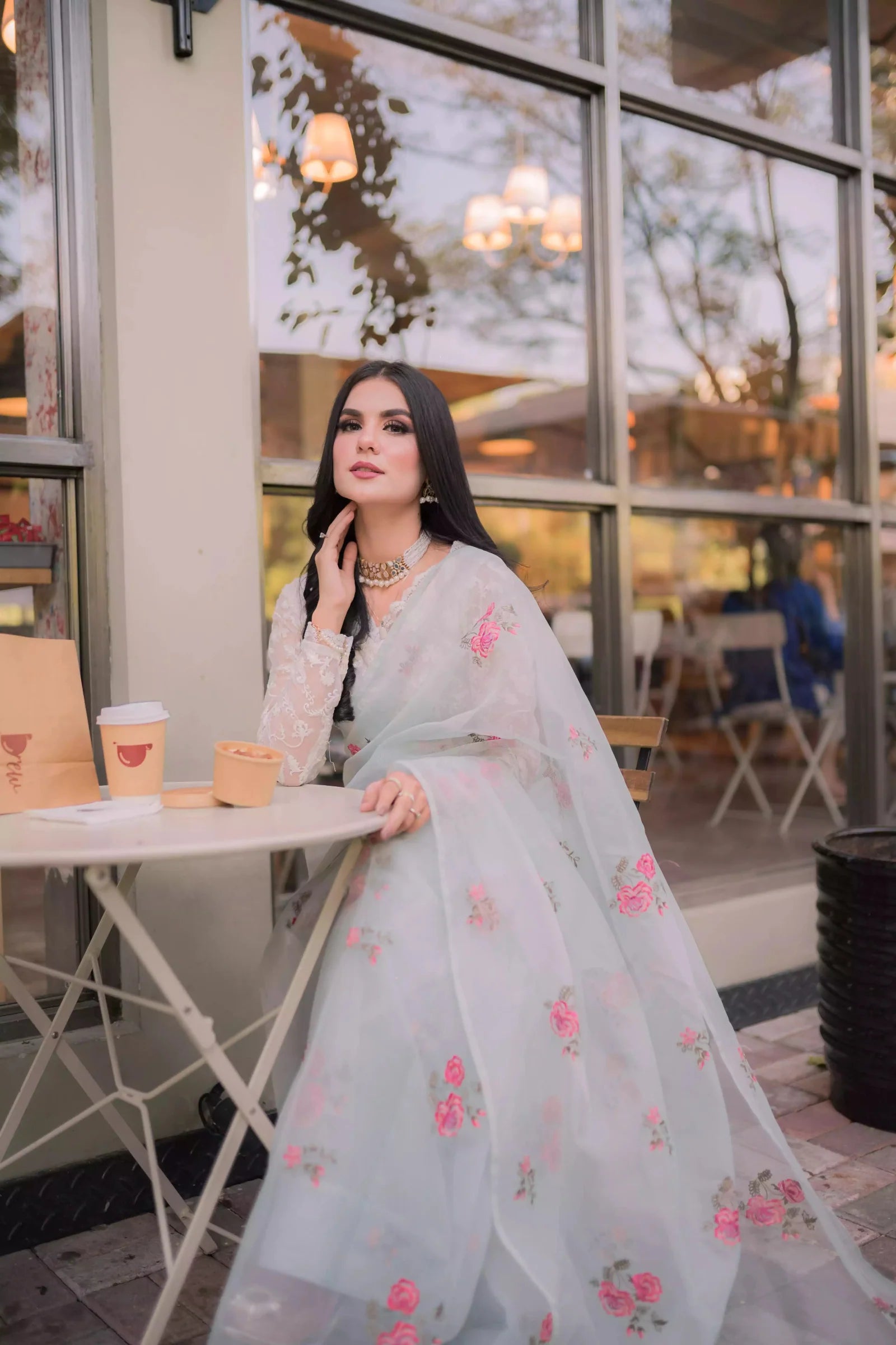 Ice Blue Floral Cotton net Saree - Eleganza