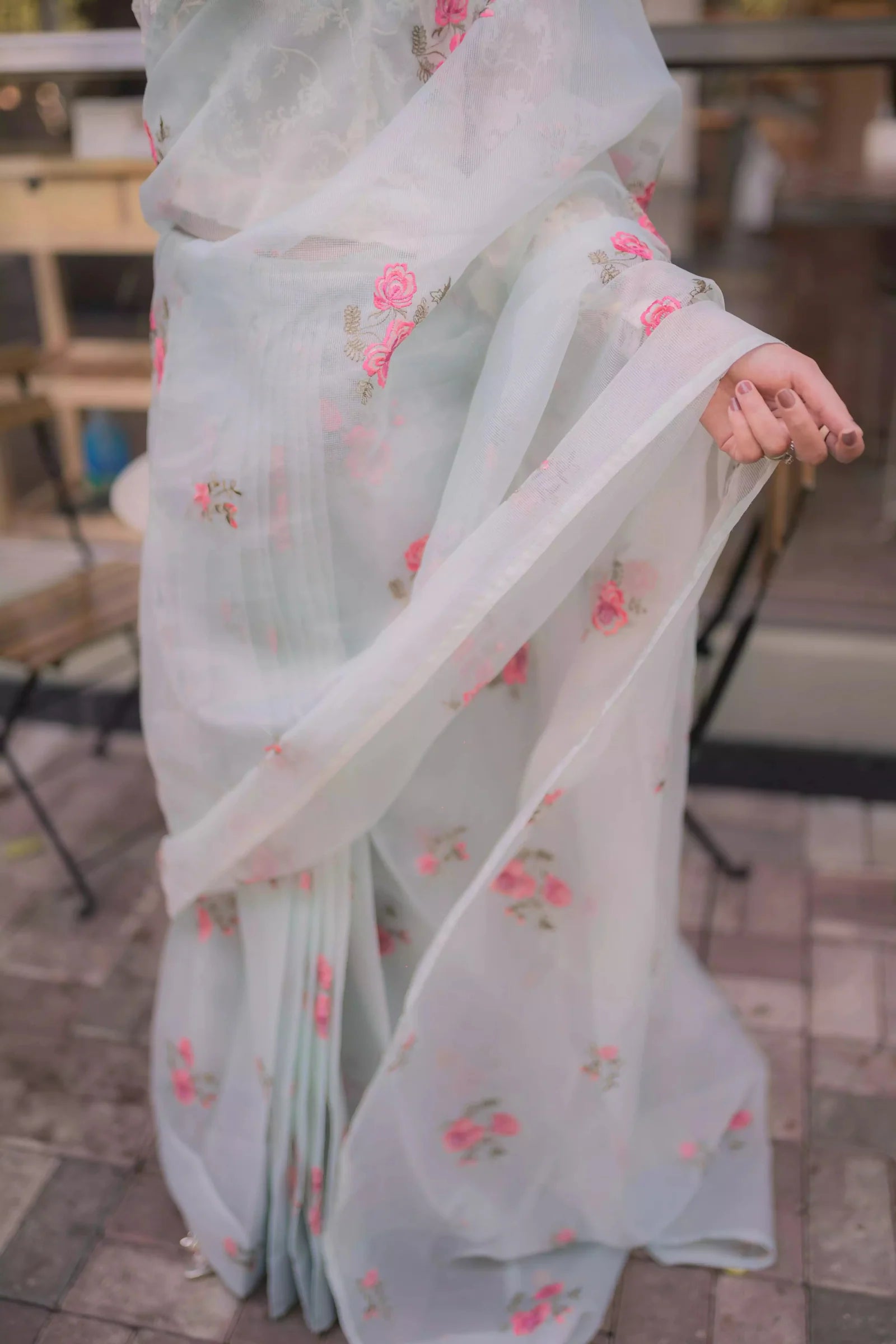 Ice Blue Floral Cotton net Saree - Eleganza