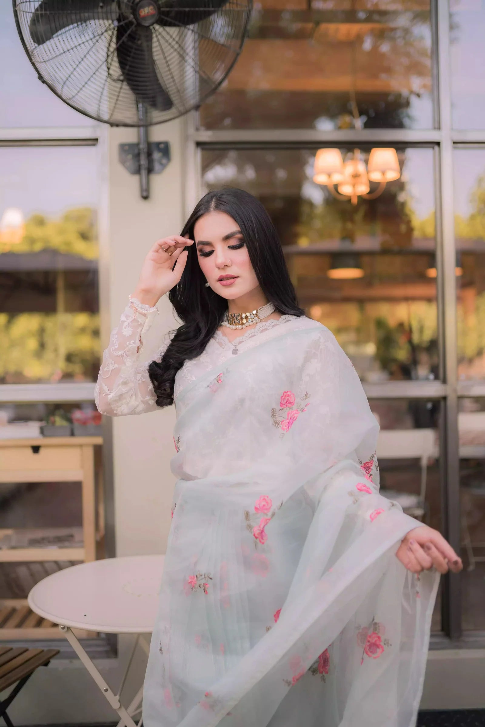 Ice Blue Floral Cotton net Saree - Eleganza