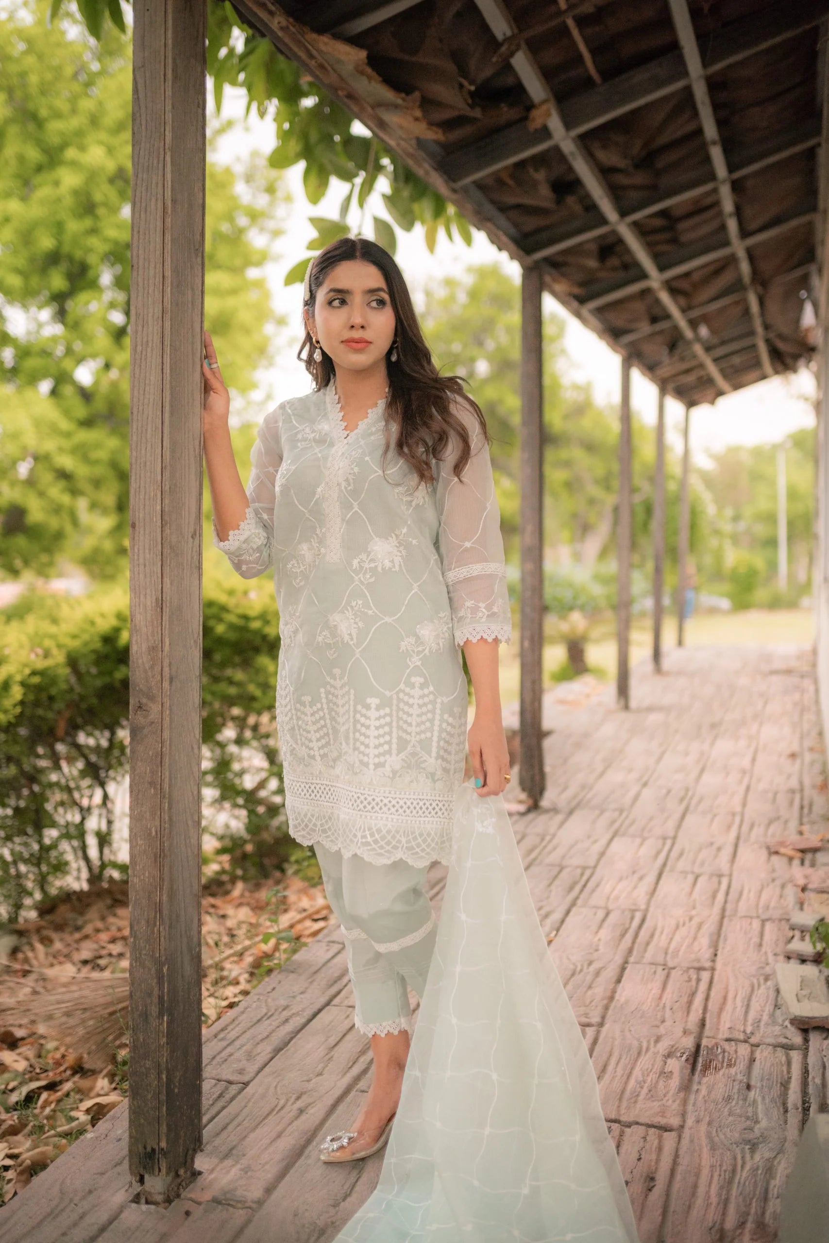 Ice Blue Embroidered Cotton Net - Eleganza