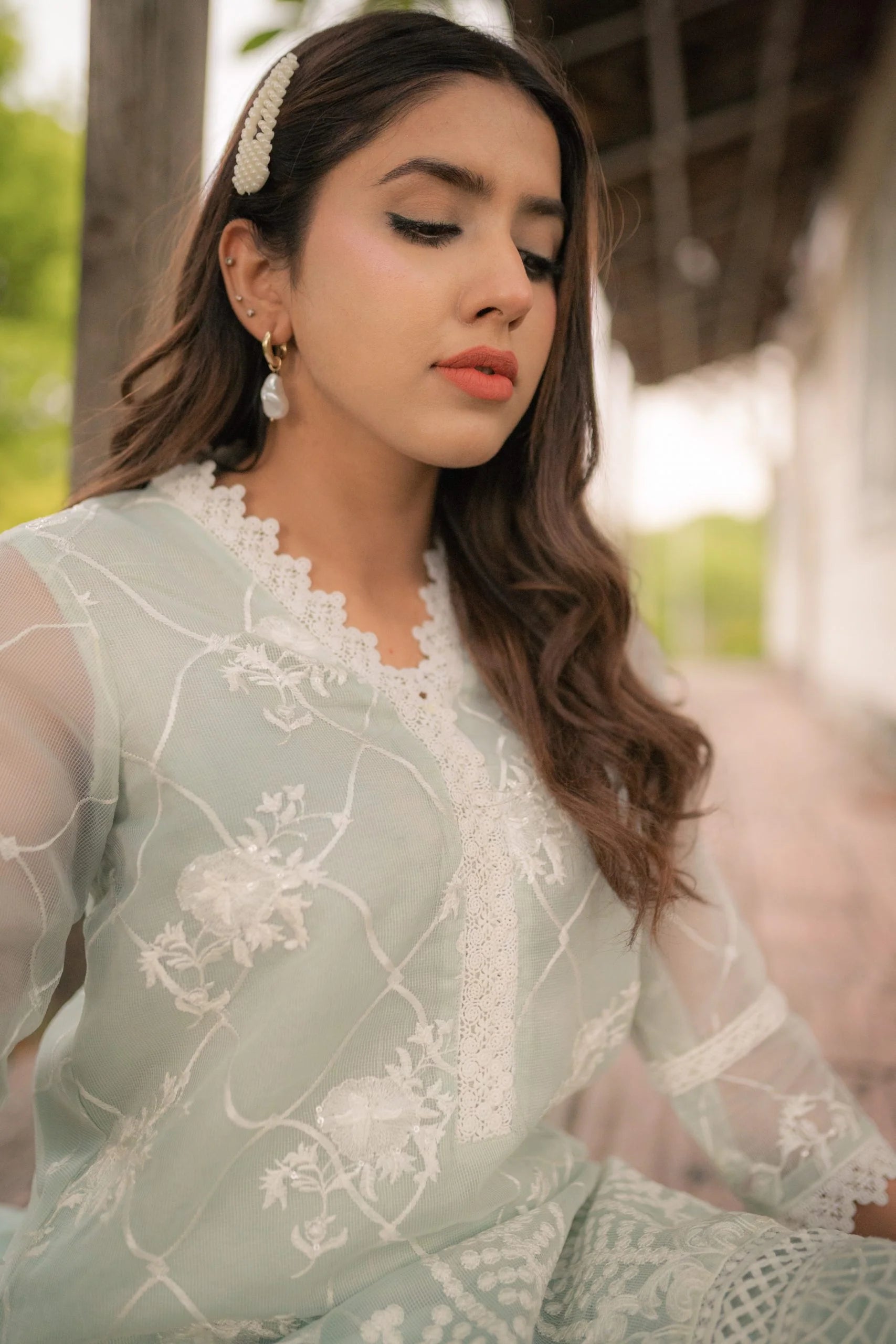 Ice Blue Embroidered Cotton Net - Eleganza