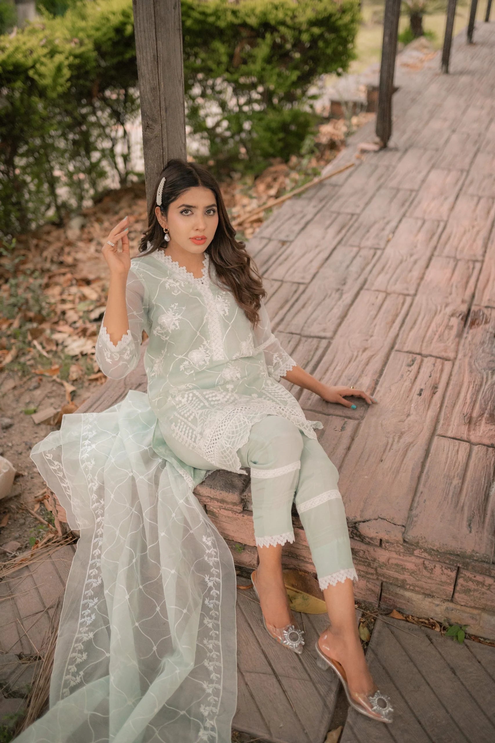 Ice Blue Embroidered Cotton Net - Eleganza