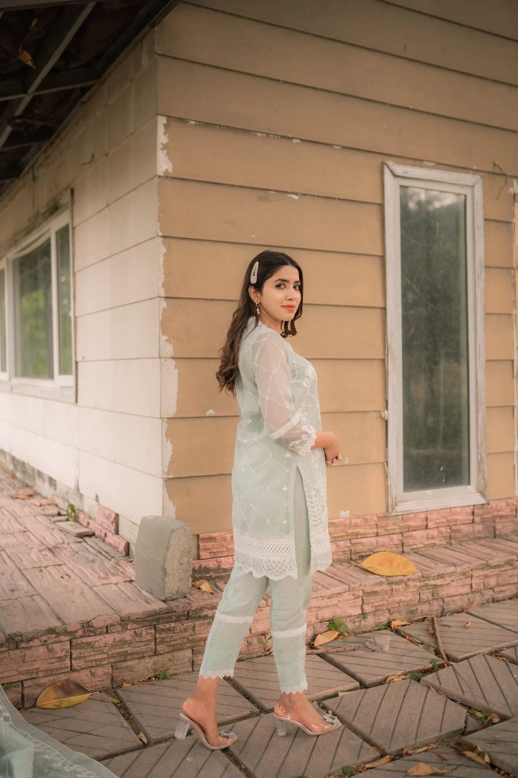 Ice Blue Embroidered Cotton Net - Eleganza