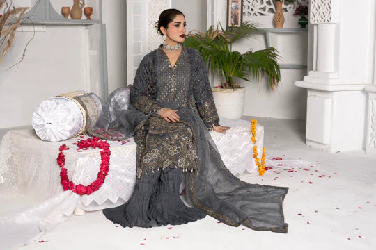 Chrome Gold Sundar Stitch premium organza sharara in grey with embroidery