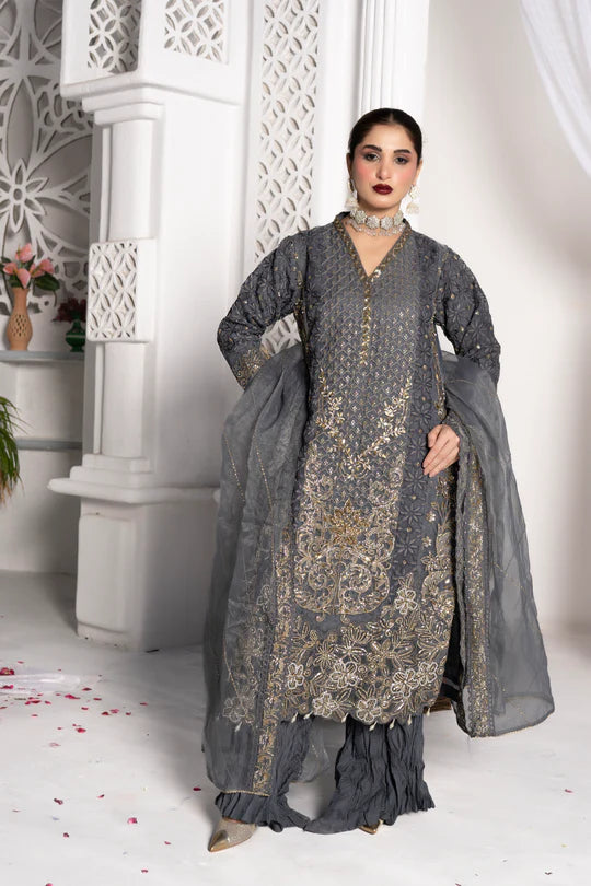Chrome Gold Sundar Stitch premium organza sharara in grey with embroidery
