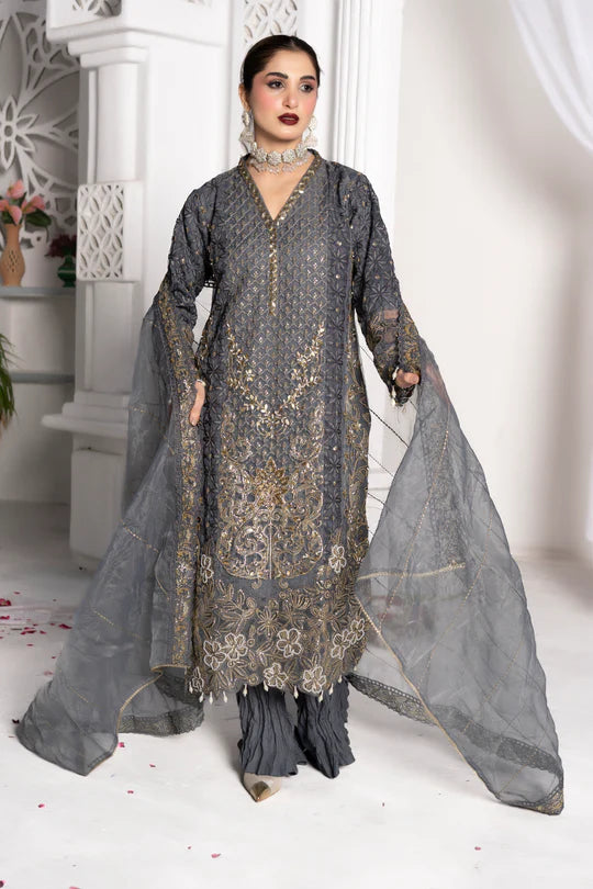Chrome Gold Sundar Stitch premium organza sharara in grey with embroidery
